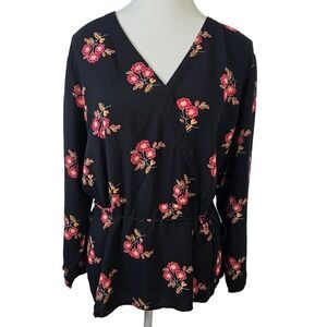OLD NAVY Womens Black Floral Wrap Long Sleeve Rayon Viscose Top Size L